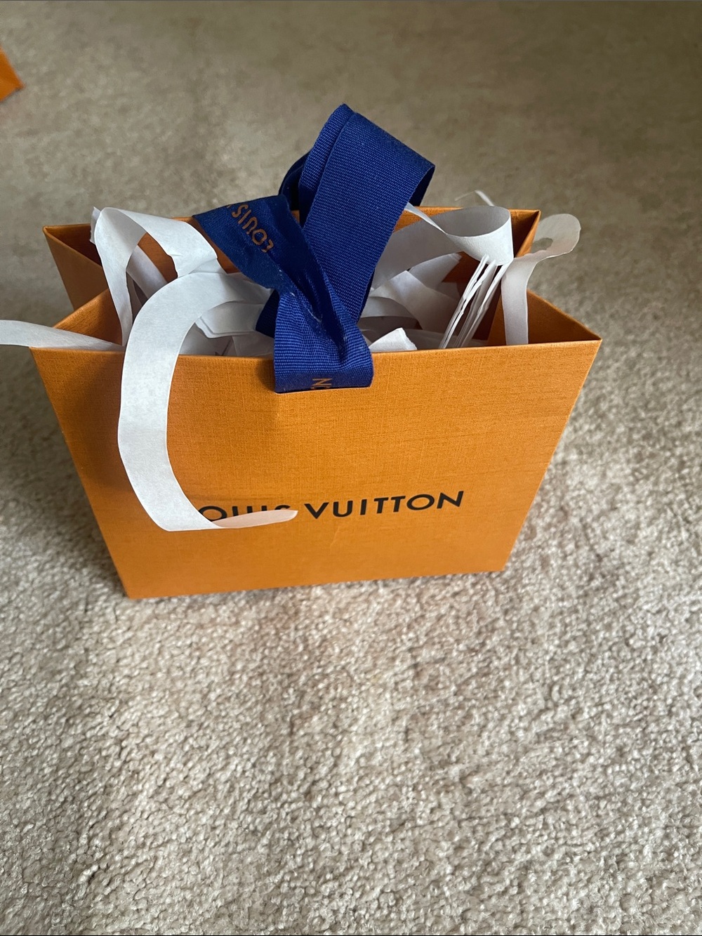 Louis Vuitton Orange Gift Bag with Blue Ribbon Accent